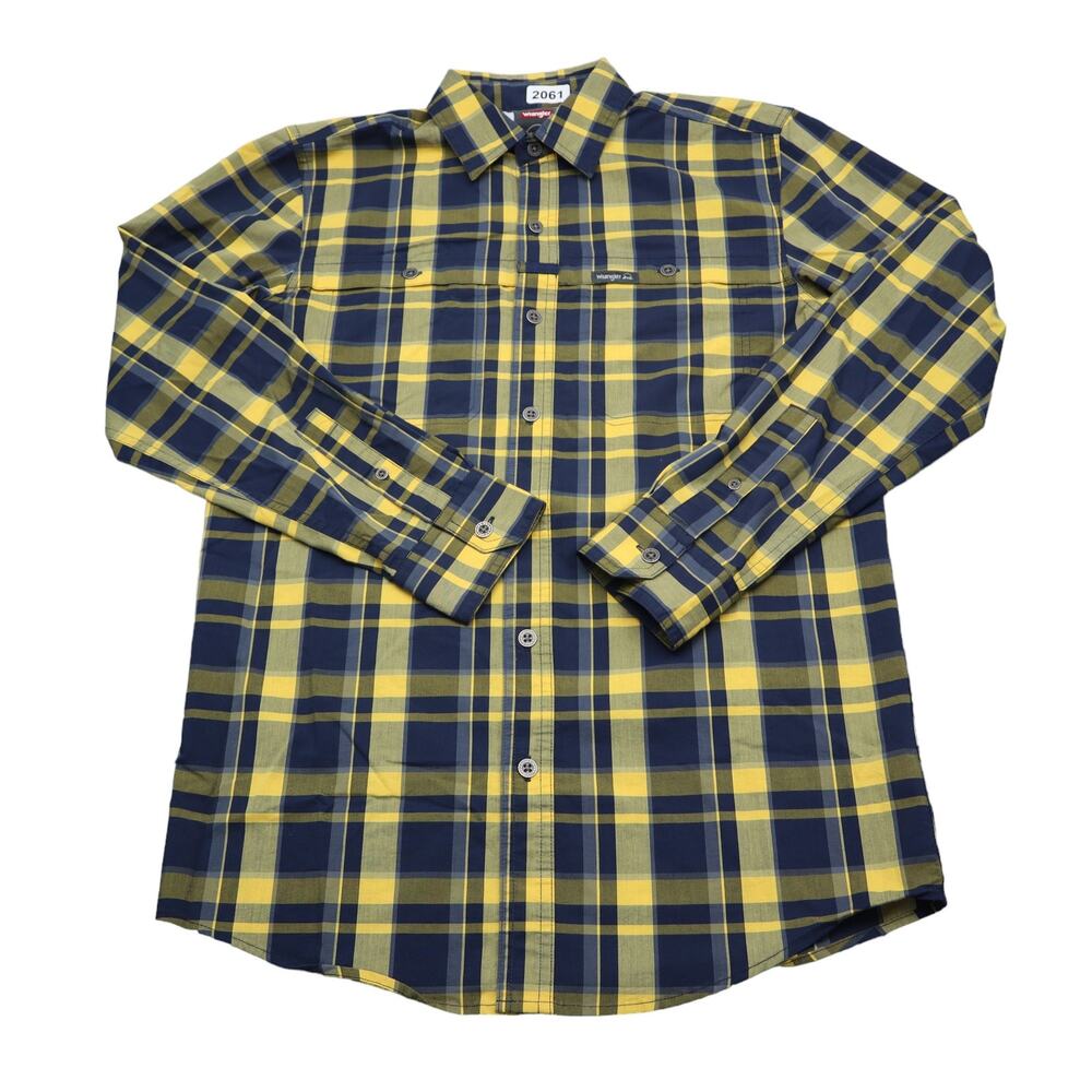 Wrangler Shirt Mens Small Blue Yellow Outdoor Western Fish Camp Hike Work Button